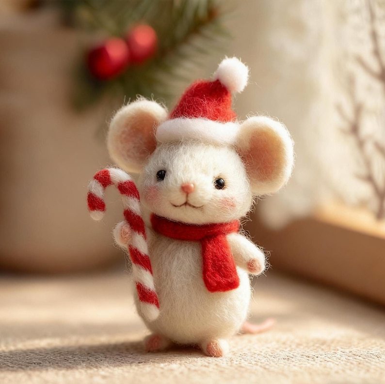 Eco-friendly felted Christmas mouse figurine - handmade wool decoration