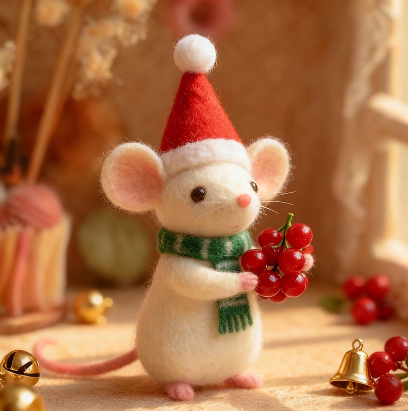 Eco-friendly felted Christmas mouse figurine - handmade wool decoration