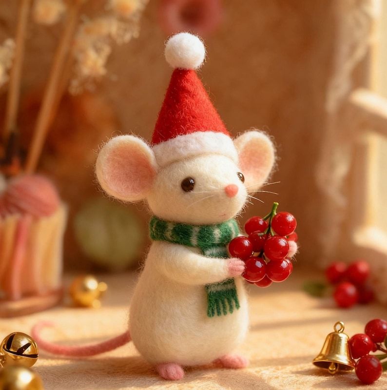 Eco-friendly felted Christmas mouse figurine - handmade wool decoration