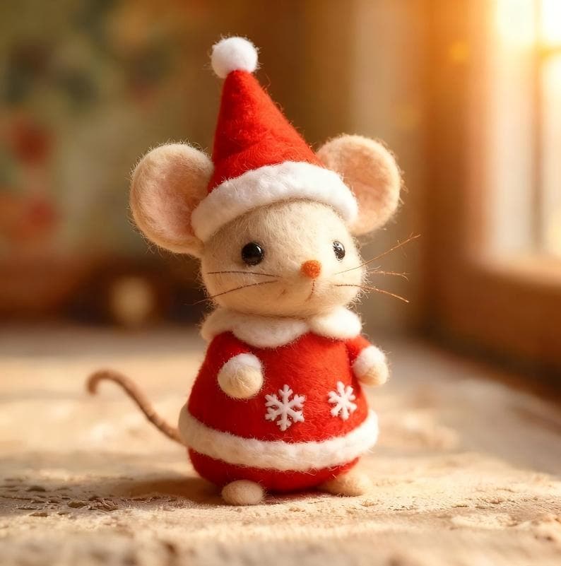 Eco-friendly felted Christmas mouse figurine - handmade wool decoration