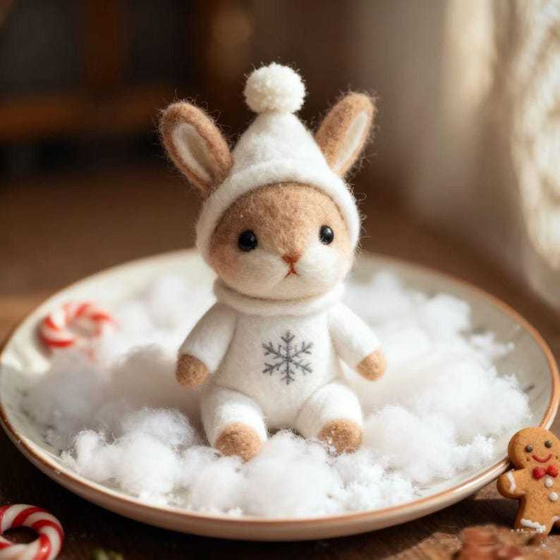 🐰🎄Eco-friendly plush Christmas bunny figurine - handmade wool decoration