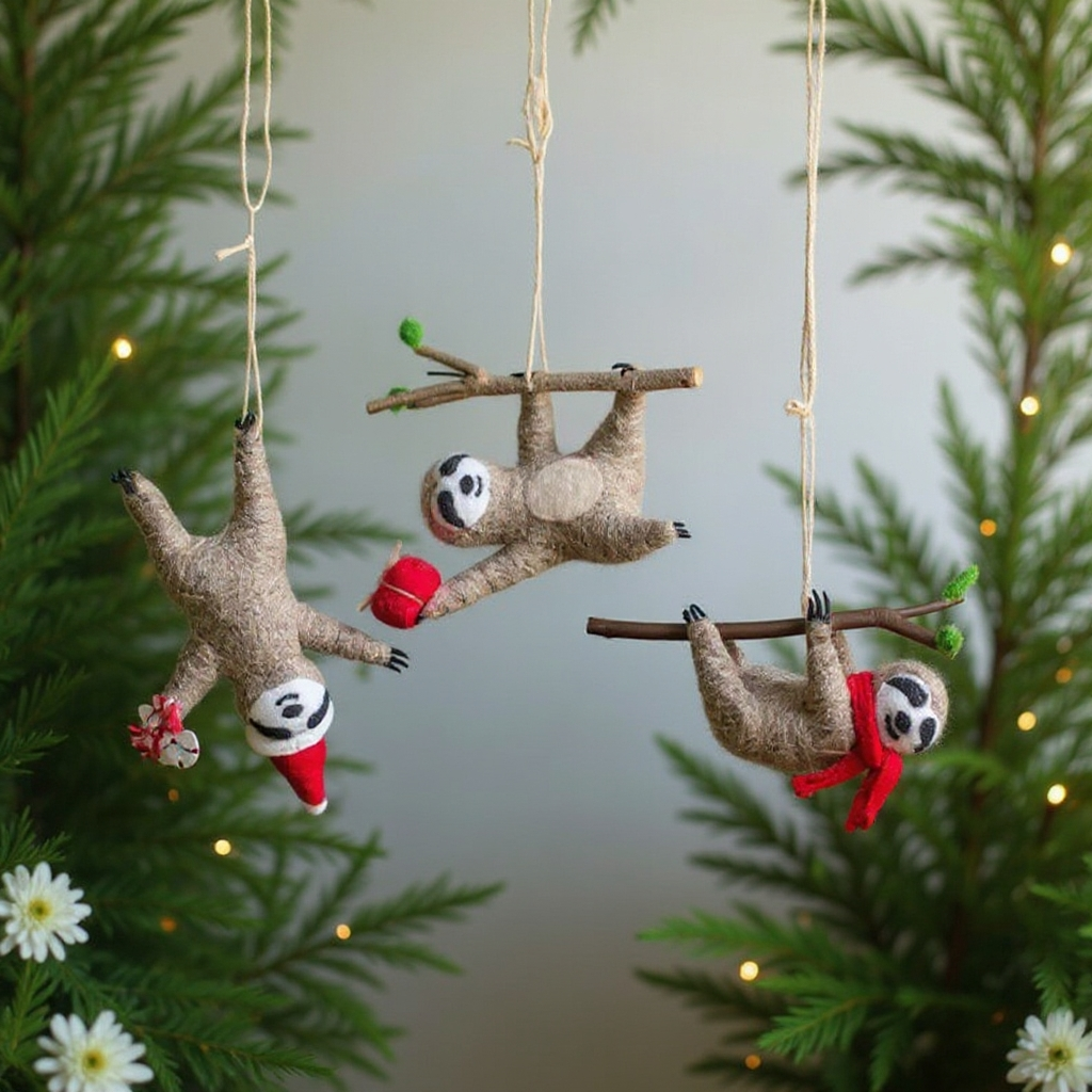 🎄 Wool Felt Christmas Sloth Ornament – Reusable, Eco-Friendly Holiday Bestie