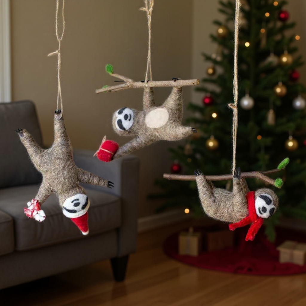 🎄 Wool Felt Christmas Sloth Ornament – Reusable, Eco-Friendly Holiday Bestie