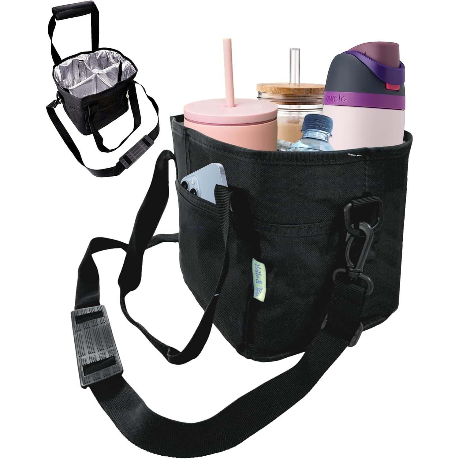 Family Size 4 Compartment Drink Bag Adjustable Fits Large & Small Drinks Hands Free, Won't Tip Over in Car