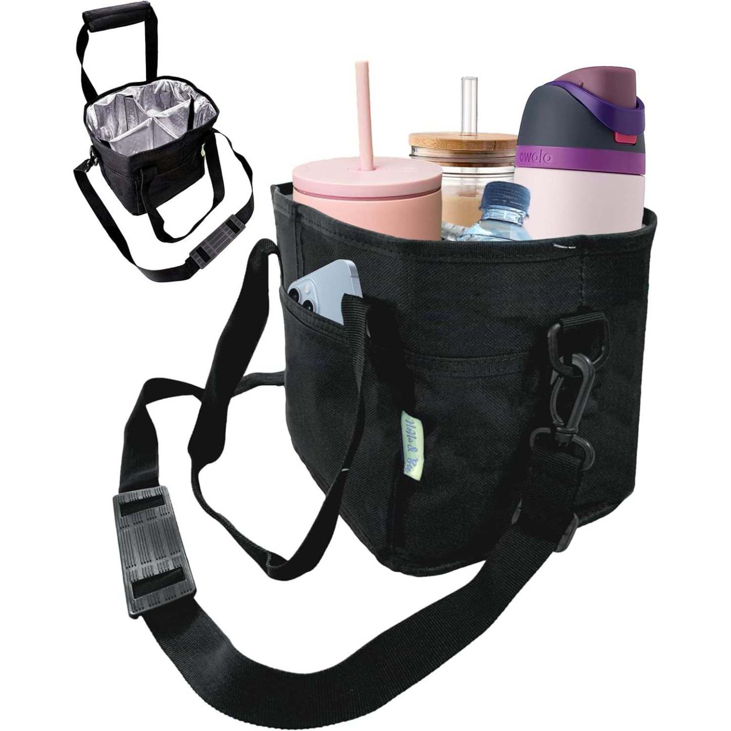 Family Size 4 Compartment Drink Bag Adjustable Fits Large & Small Drinks Hands Free, Won't Tip Over in Car