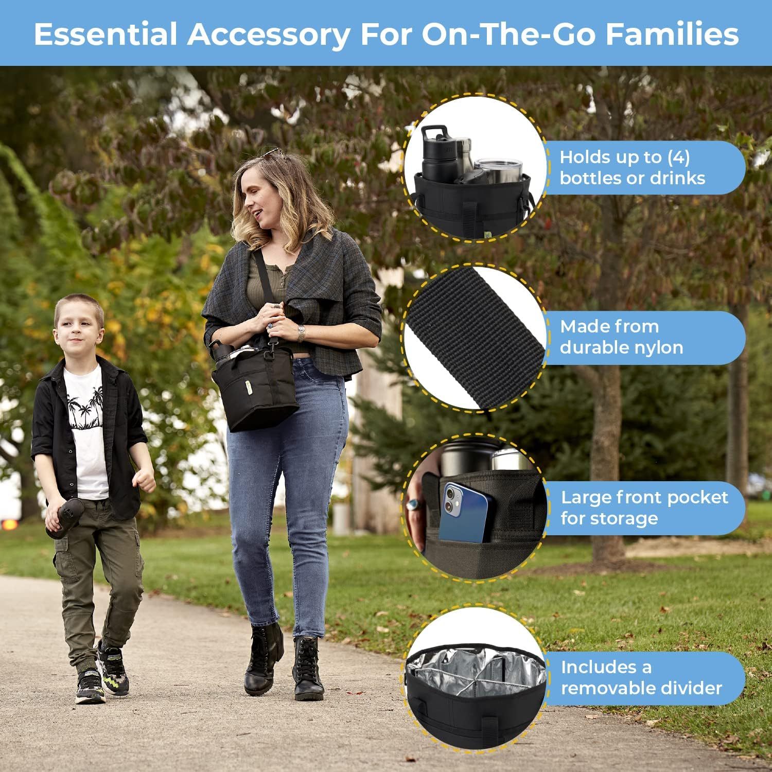 Family Size 4 Compartment Drink Bag Adjustable Fits Large & Small Drinks Hands Free, Won't Tip Over in Car