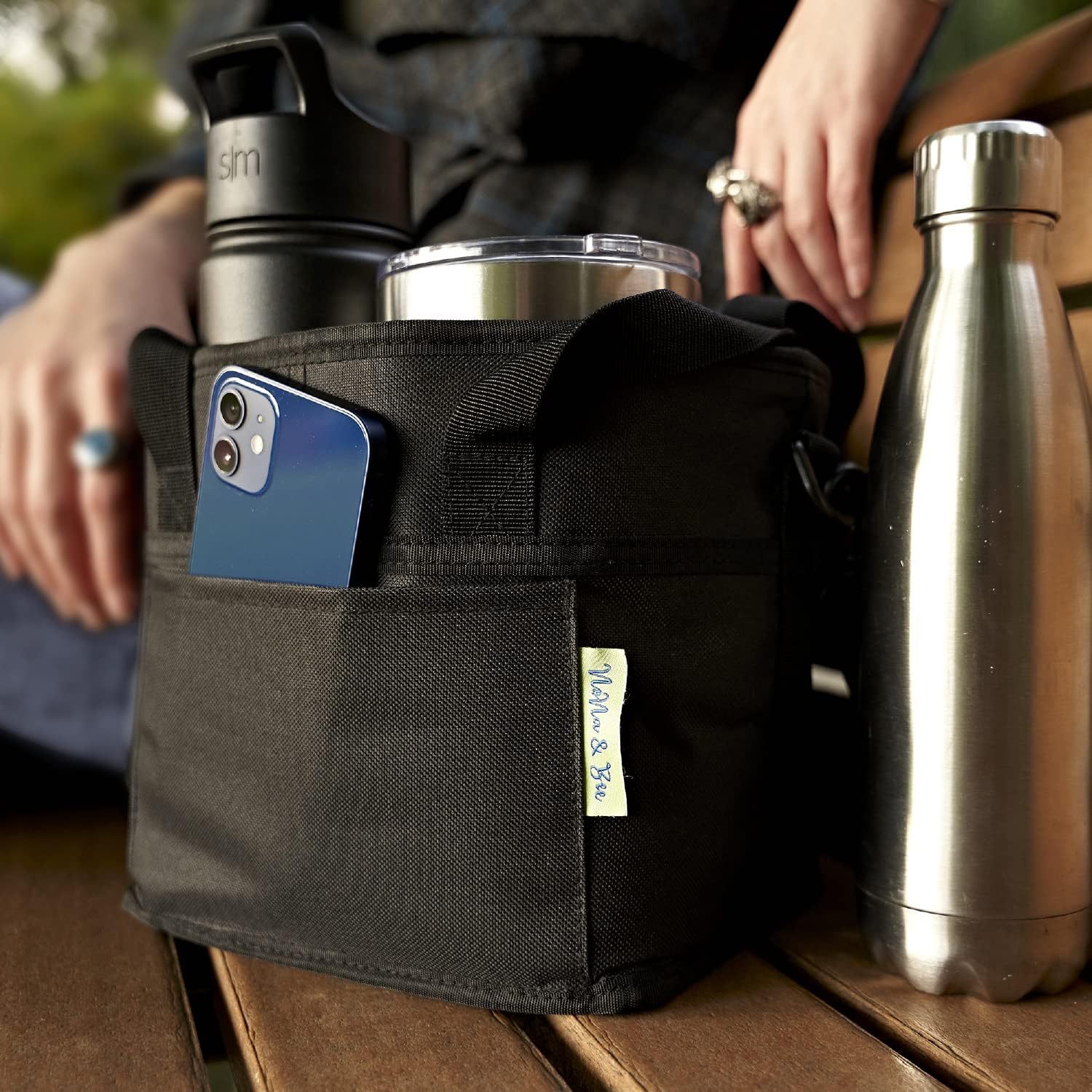 Family Size 4 Compartment Drink Bag Adjustable Fits Large & Small Drinks Hands Free, Won't Tip Over in Car