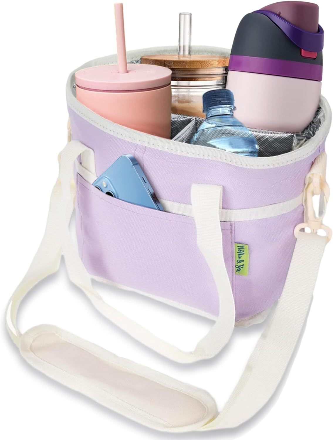 Family Size 4 Compartment Drink Bag Adjustable Fits Large & Small Drinks Hands Free, Won't Tip Over in Car