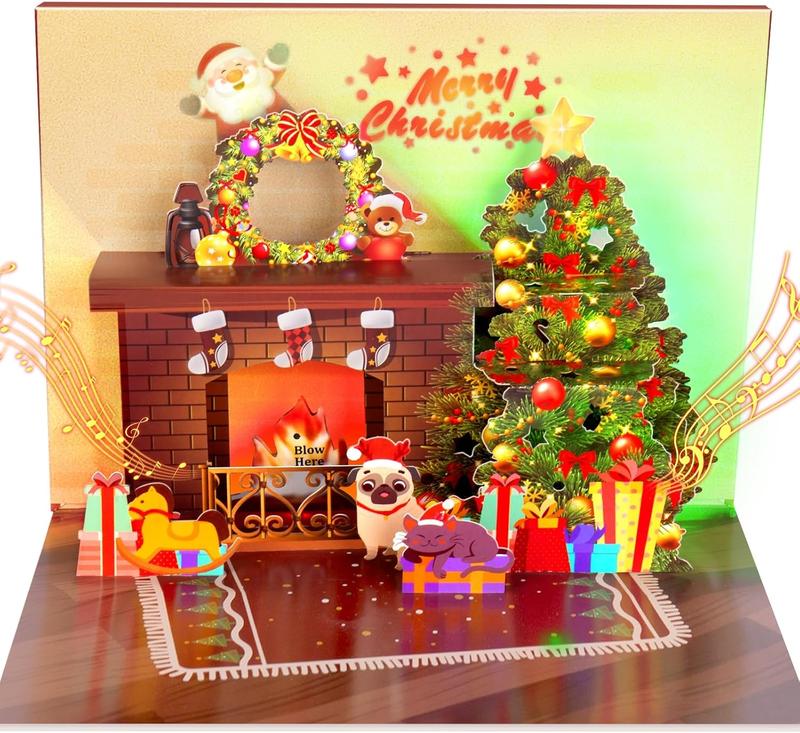 Christmas Card Pop Up with Light and Music 3D Santa Fireplace Merry Christmas Greeting Card with Envelope