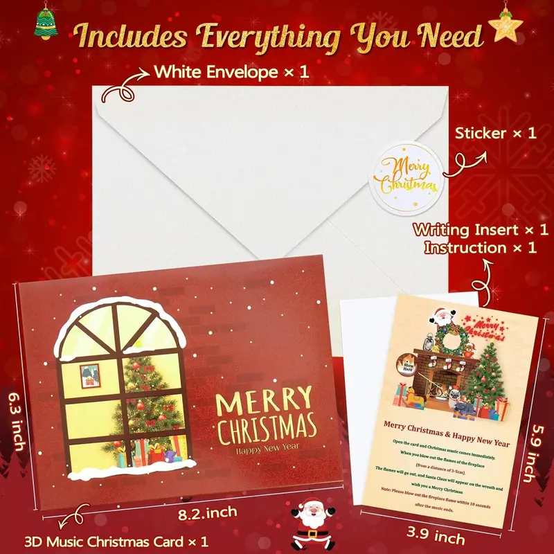 Christmas Card Pop Up with Light and Music 3D Santa Fireplace Merry Christmas Greeting Card with Envelope