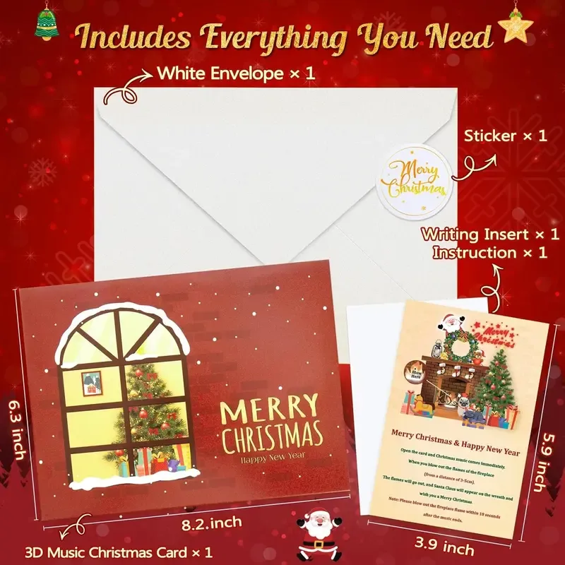 Christmas Card Pop Up with Light and Music 3D Santa Fireplace Merry Christmas Greeting Card with Envelope