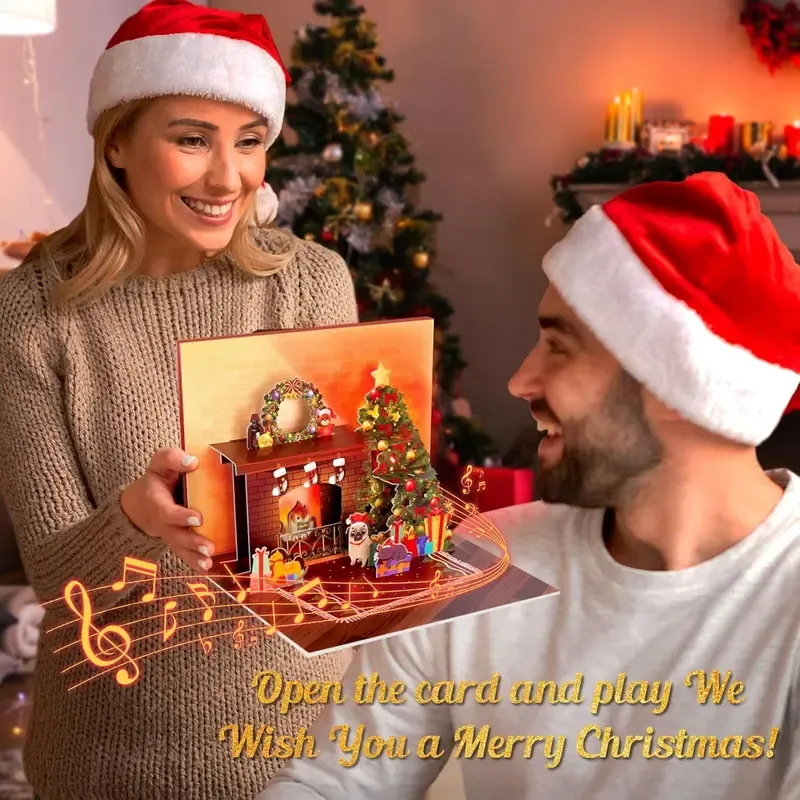 Christmas Card Pop Up with Light and Music 3D Santa Fireplace Merry Christmas Greeting Card with Envelope