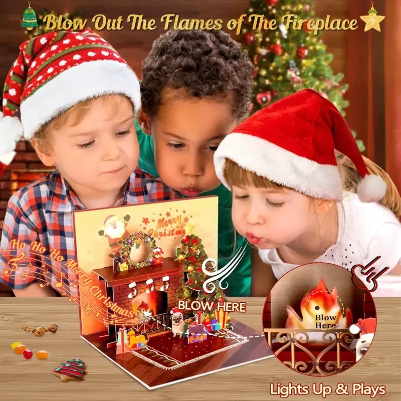 Christmas Card Pop Up with Light and Music 3D Santa Fireplace Merry Christmas Greeting Card with Envelope