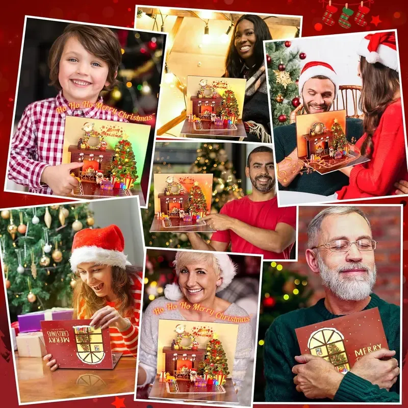 Christmas Card Pop Up with Light and Music 3D Santa Fireplace Merry Christmas Greeting Card with Envelope