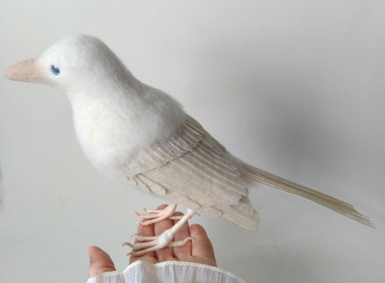 Needle Felted White Raven Sculpture: Poseable Albino Bird Art