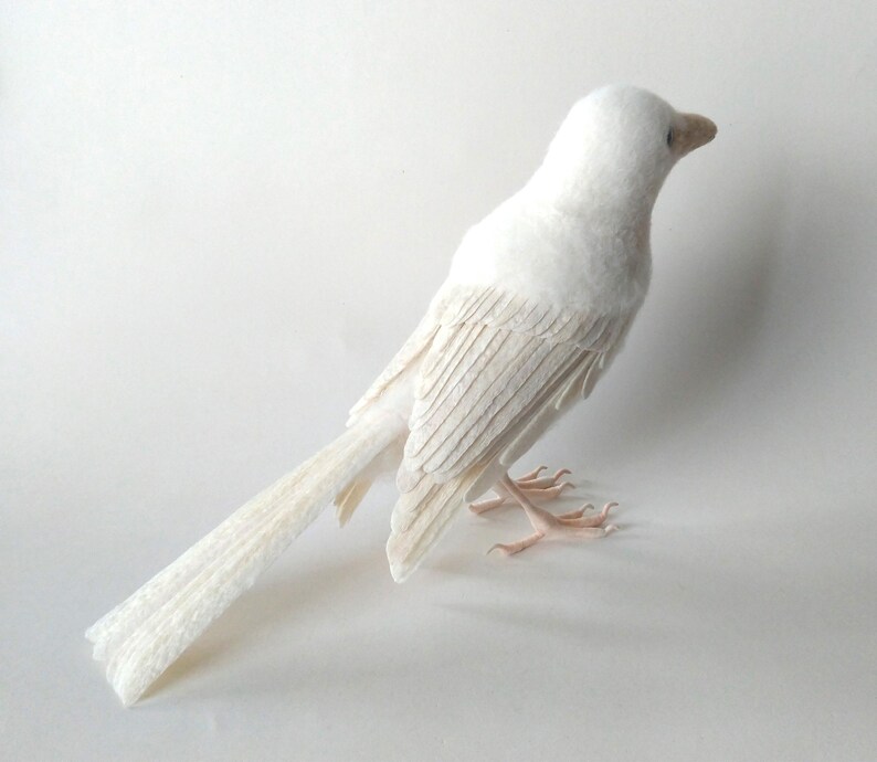 Needle Felted White Raven Sculpture: Poseable Albino Bird Art