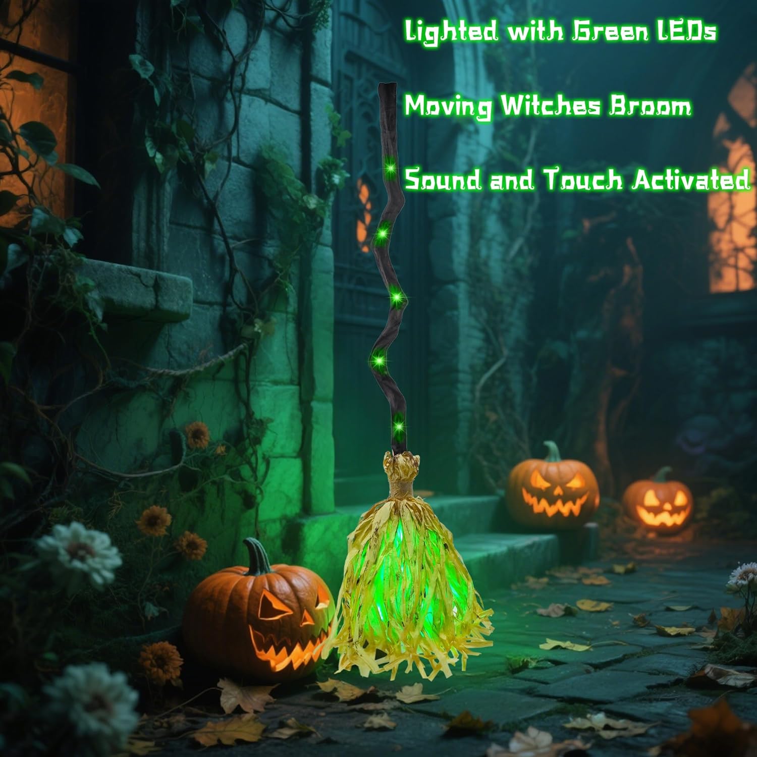DR.DUDU Witches Broom Halloween Decor - 35" Animated Light up Moving Broomstick with Spooky Sounds, Dancing Magic Witch Broom for Indoor & Outdoor Porch Halloween Party Decorations