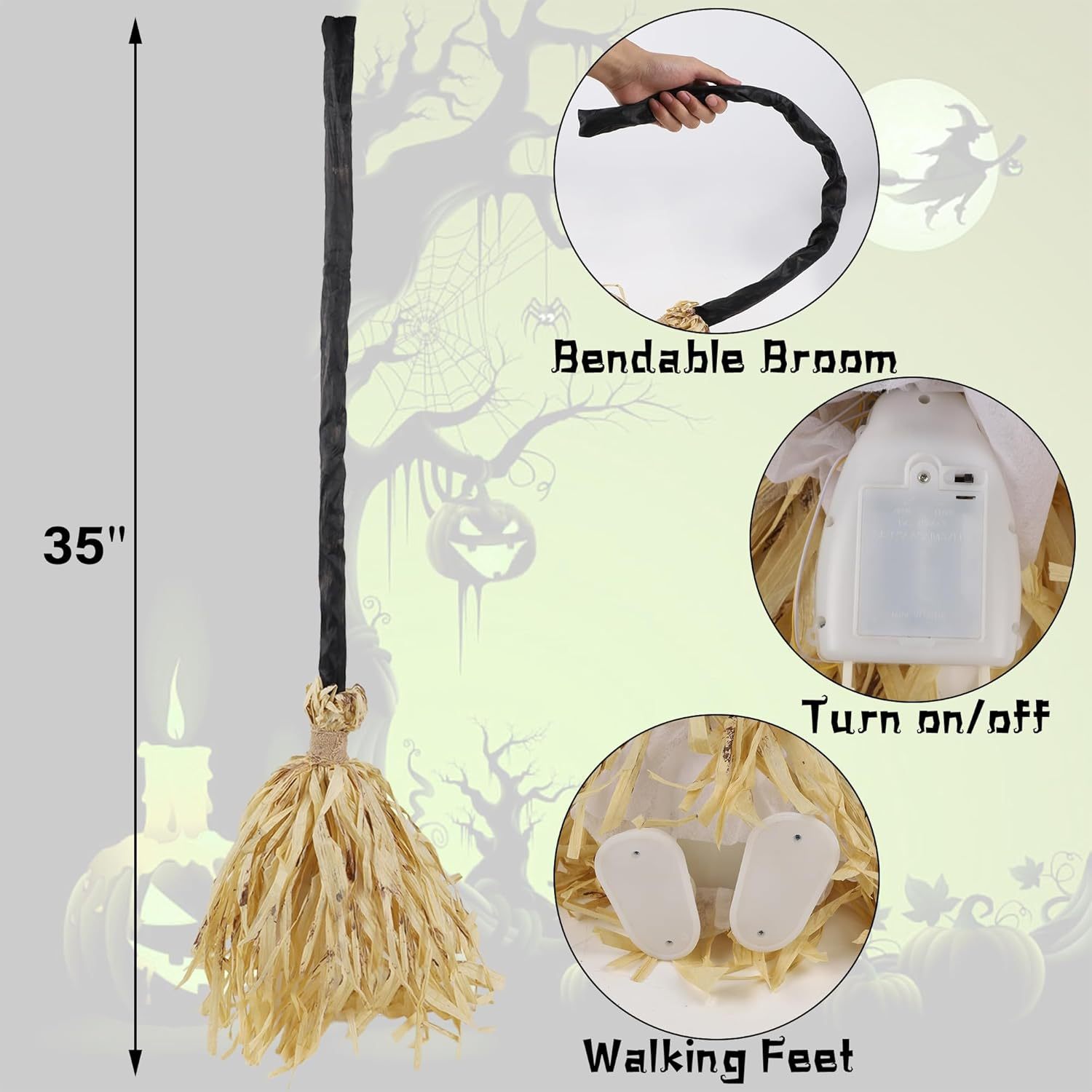 DR.DUDU Witches Broom Halloween Decor - 35" Animated Light up Moving Broomstick with Spooky Sounds, Dancing Magic Witch Broom for Indoor & Outdoor Porch Halloween Party Decorations
