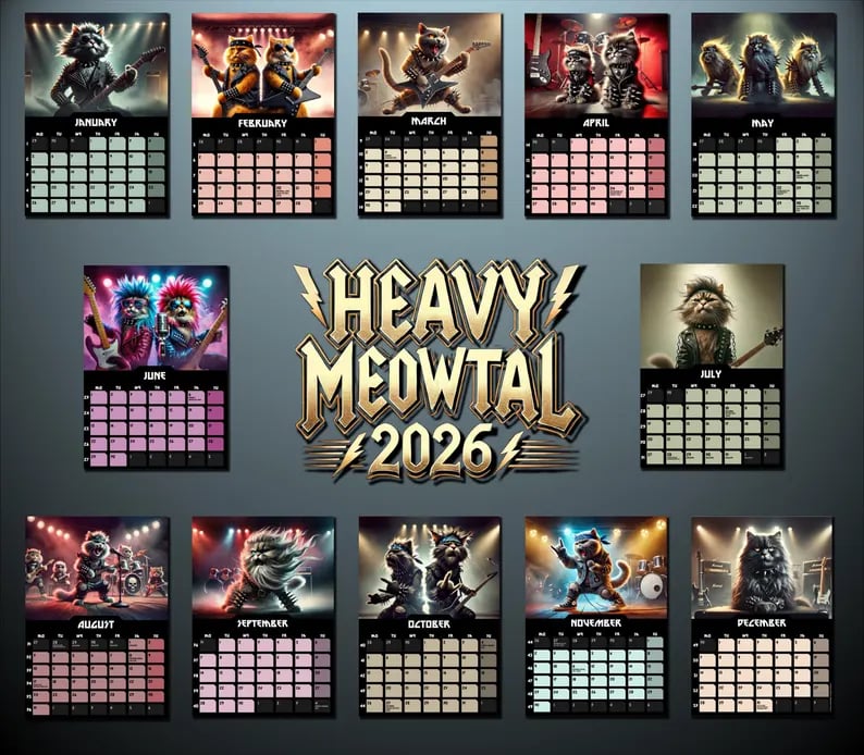 🤘🐱Heavy Meowtal 2026 Calendar: Metal Cat Art