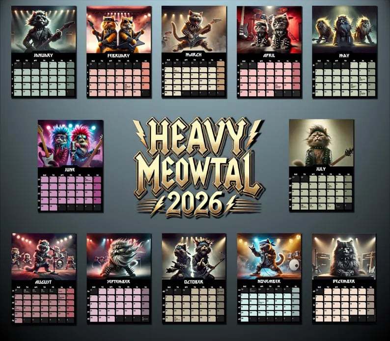 🤘🐱Heavy Meowtal 2026 Calendar: Metal Cat Art