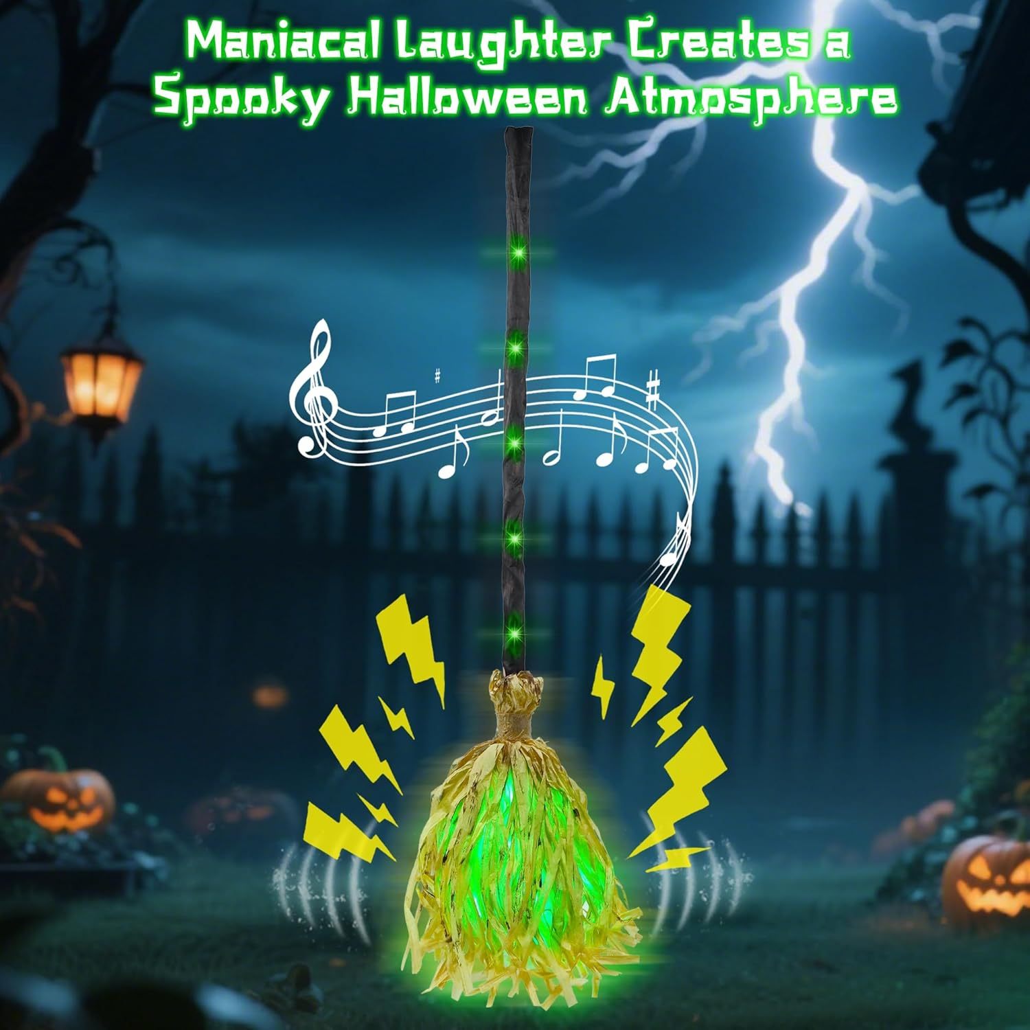 DR.DUDU Witches Broom Halloween Decor - 35" Animated Light up Moving Broomstick with Spooky Sounds, Dancing Magic Witch Broom for Indoor & Outdoor Porch Halloween Party Decorations