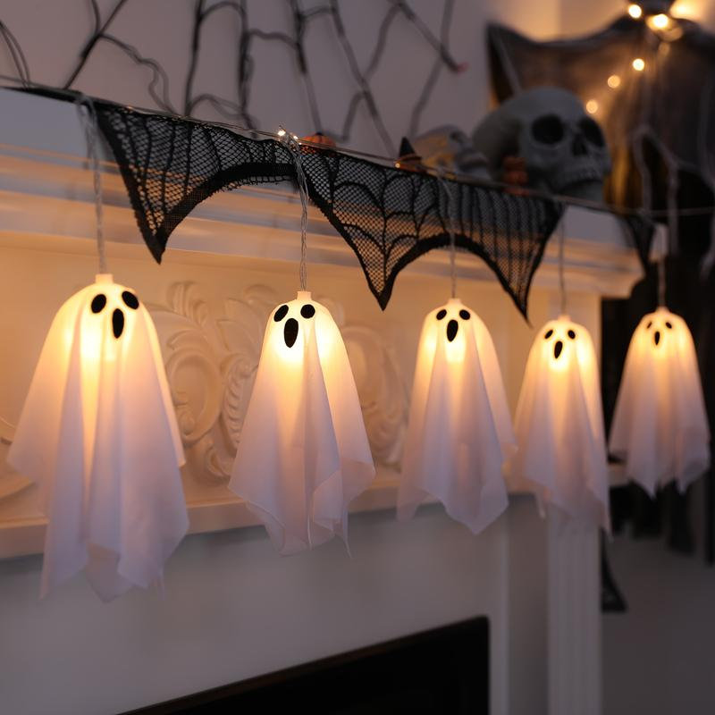 Halloween Ghost String Lights Set, 10 Hanging Ghosts & Ice Strip Lights, Battery Operated, 8 Lighting Modes