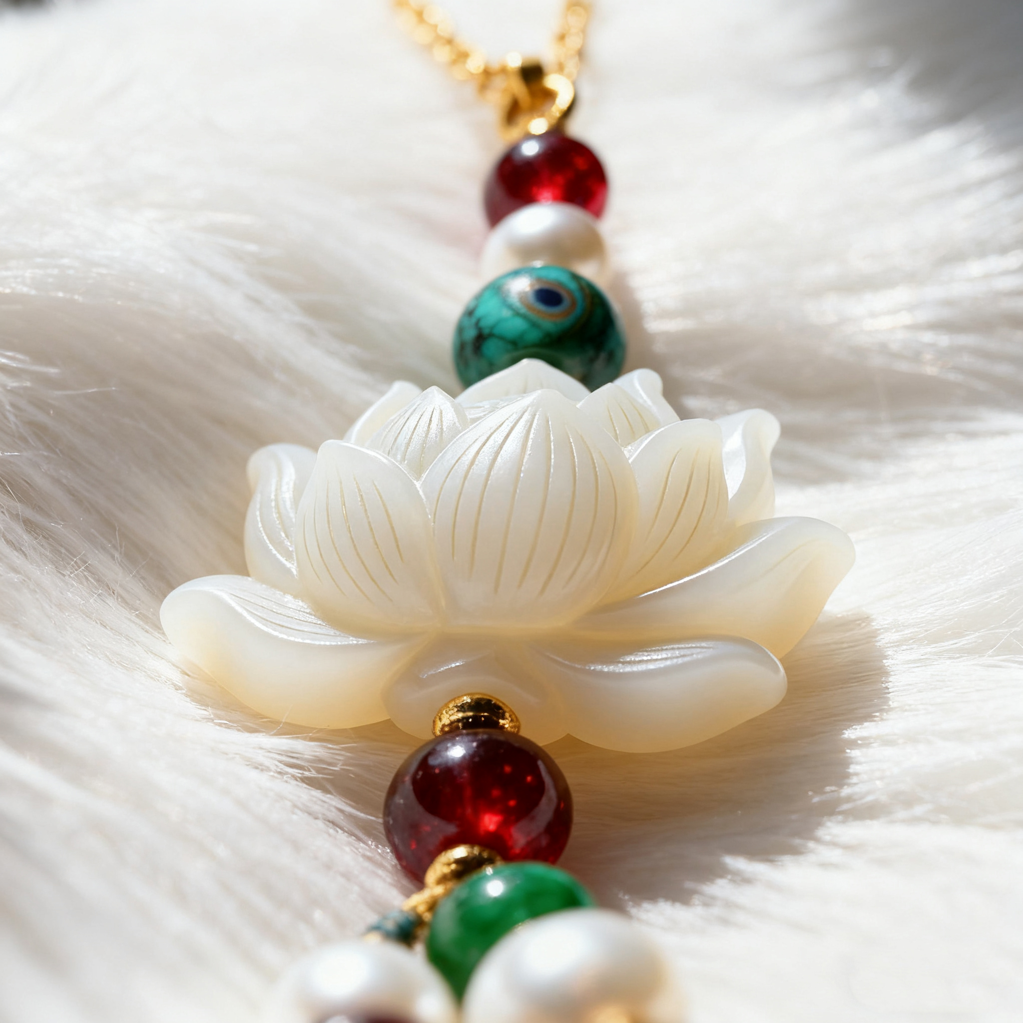 Handykette mit Lotusdesign, Bodhiwurzel und bunten Steinen