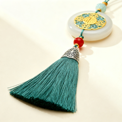 Ozdoba samochodowa z frędzlami z jadeitu inkrustowanego złotem