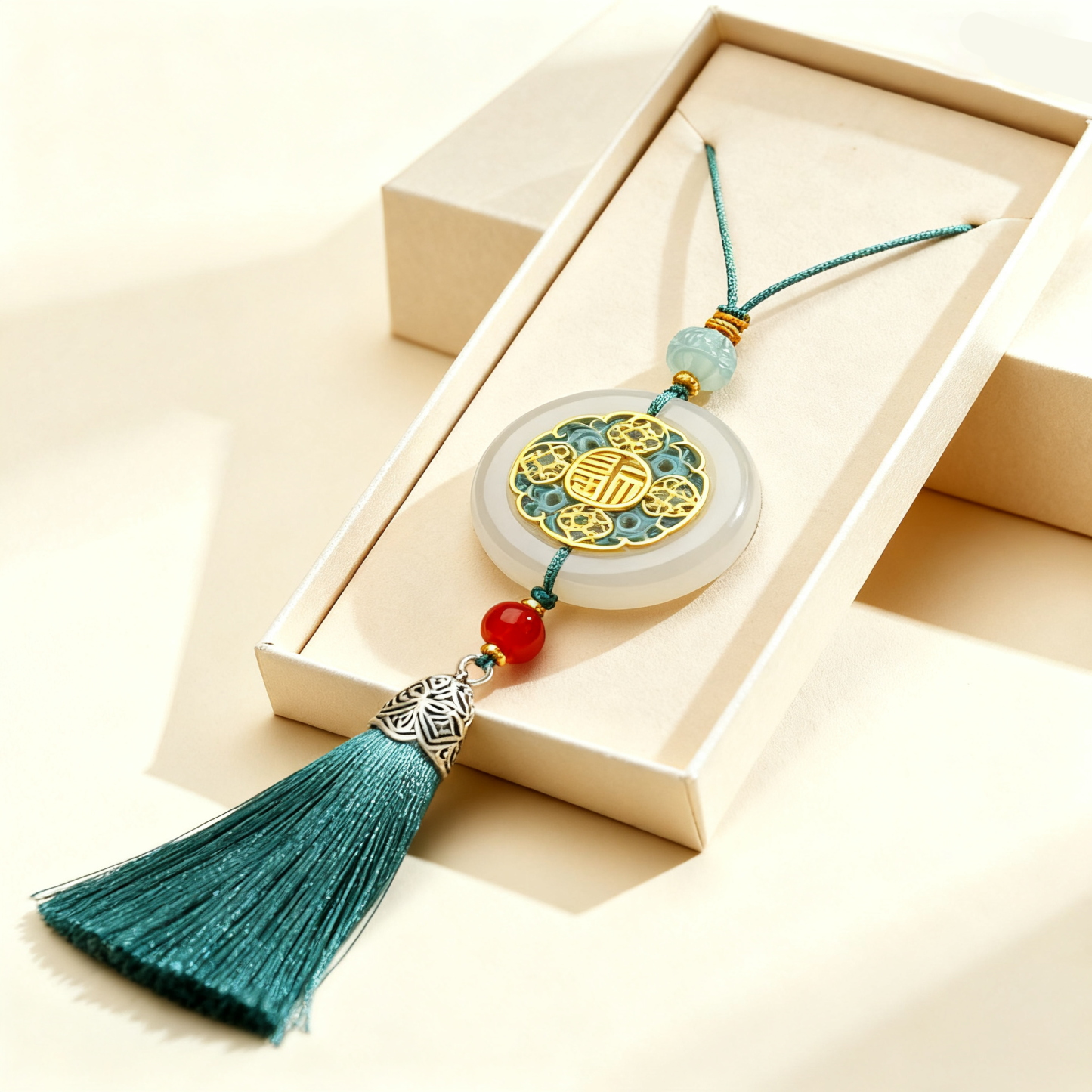 Ozdoba samochodowa z frędzlami z jadeitu inkrustowanego złotem