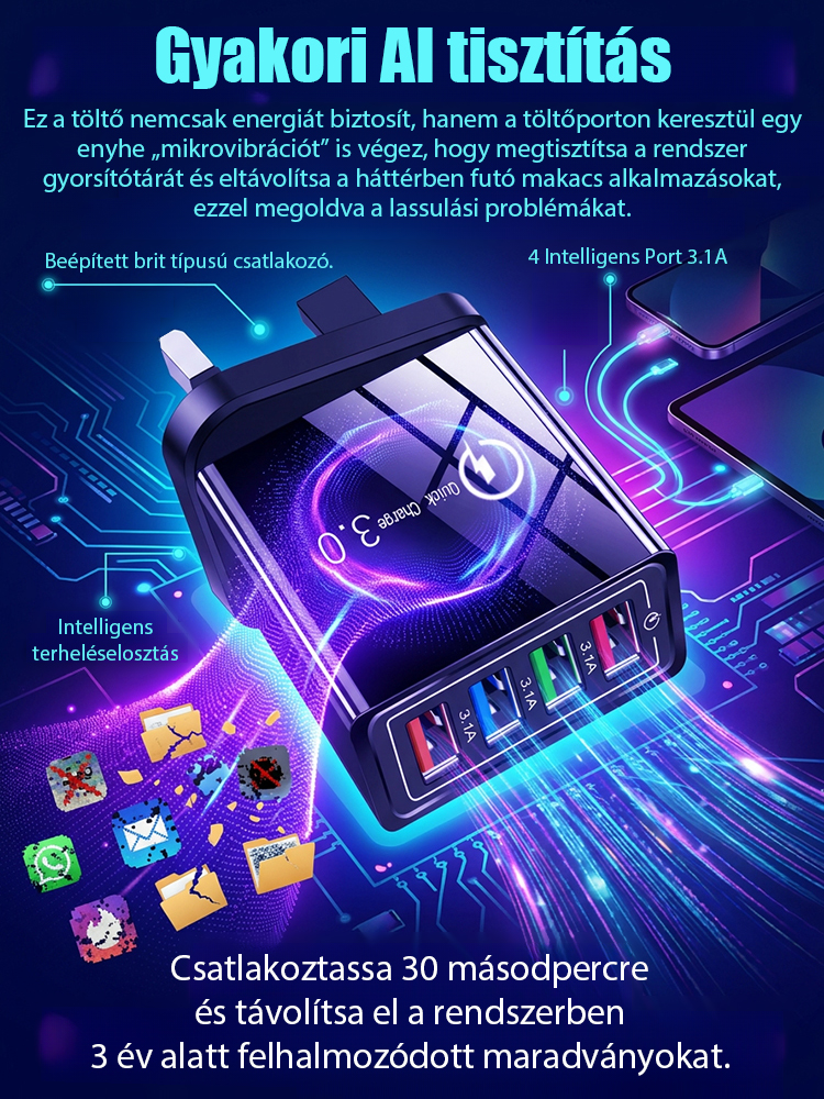 【Növelje a telefon akkumulátorának élettartamát】 Négyportos utazótöltő
