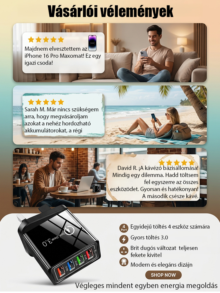 【Növelje a telefon akkumulátorának élettartamát】 Négyportos utazótöltő