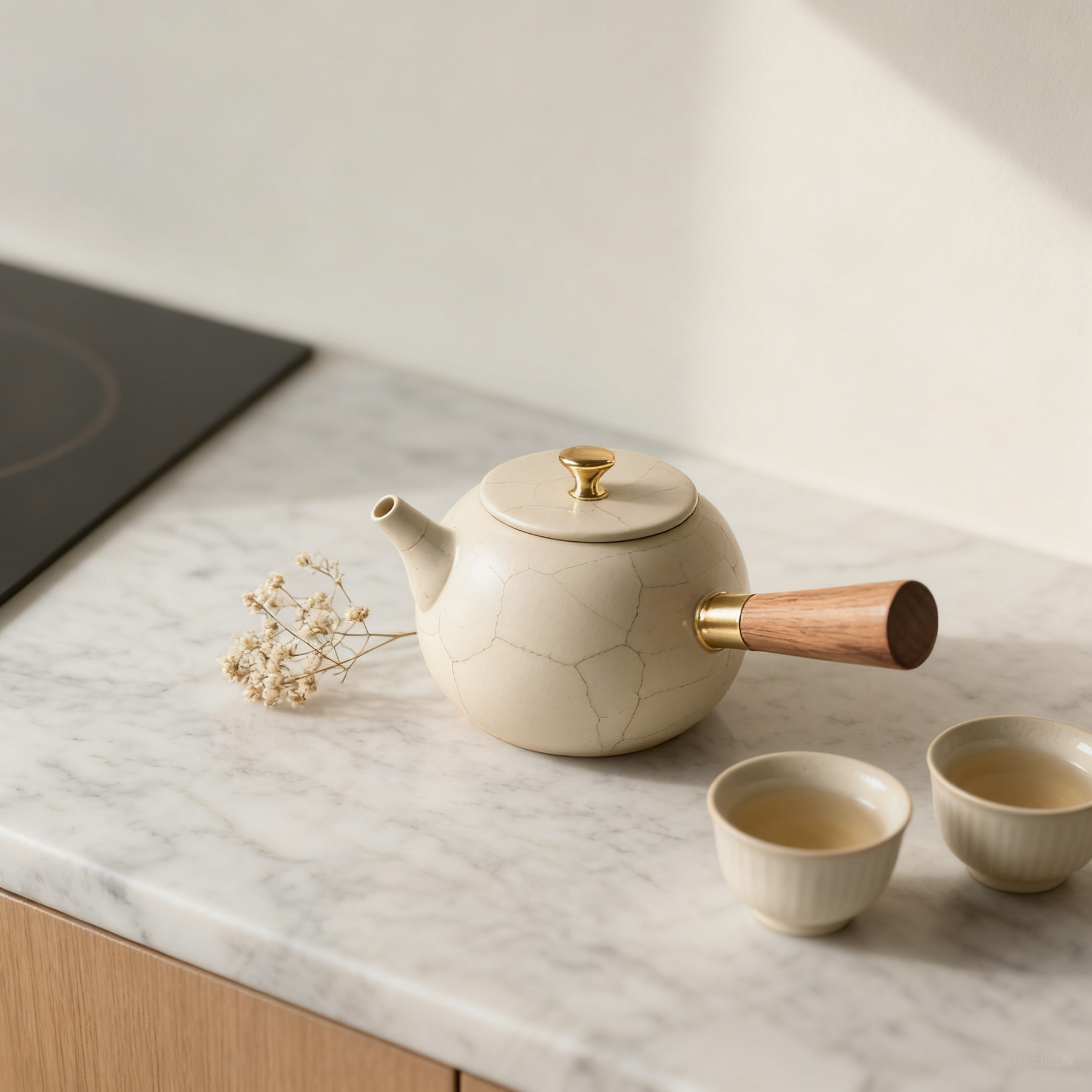 Zestaw do herbaty ceramicznej z drewnianą rączką