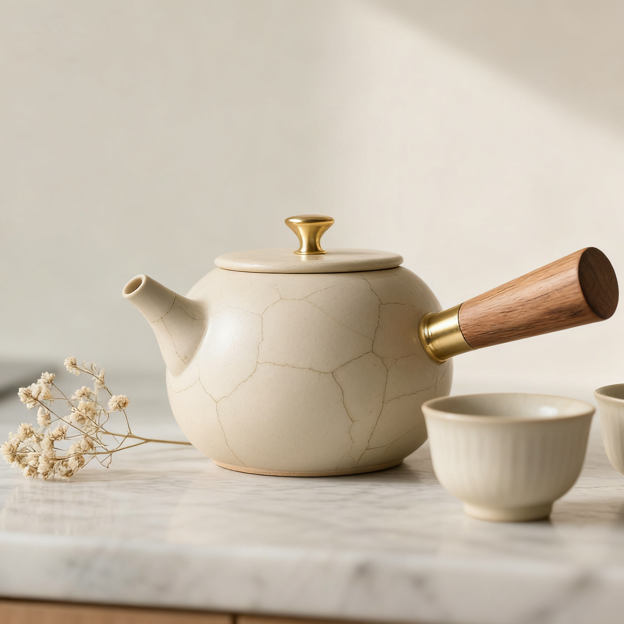 Zestaw do herbaty ceramicznej z drewnianą rączką