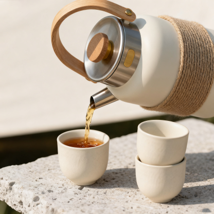 Zestaw czajniczków z izolacją ceramiczną i bambusowym uchwytem w stylu vintage