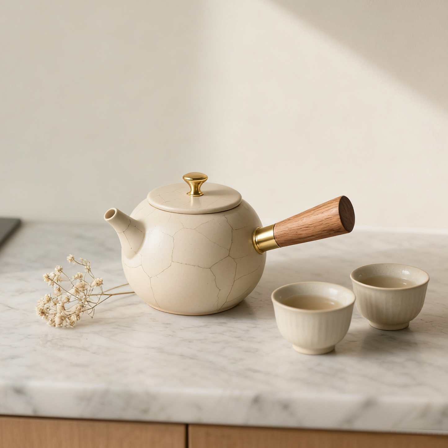 Zestaw do herbaty ceramicznej z drewnianą rączką