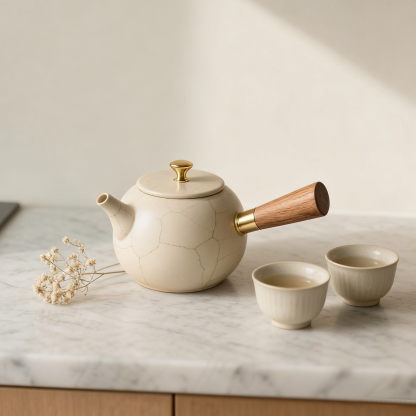 Zestaw do herbaty ceramicznej z drewnianą rączką