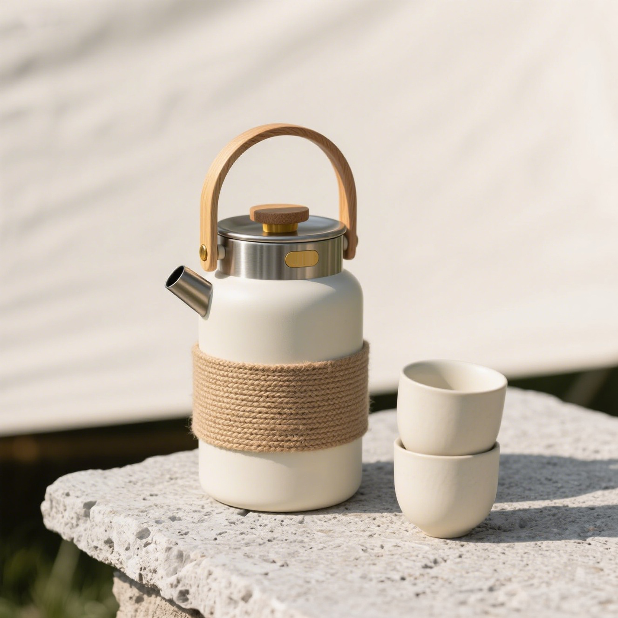 Zestaw czajniczków z izolacją ceramiczną i bambusowym uchwytem w stylu vintage