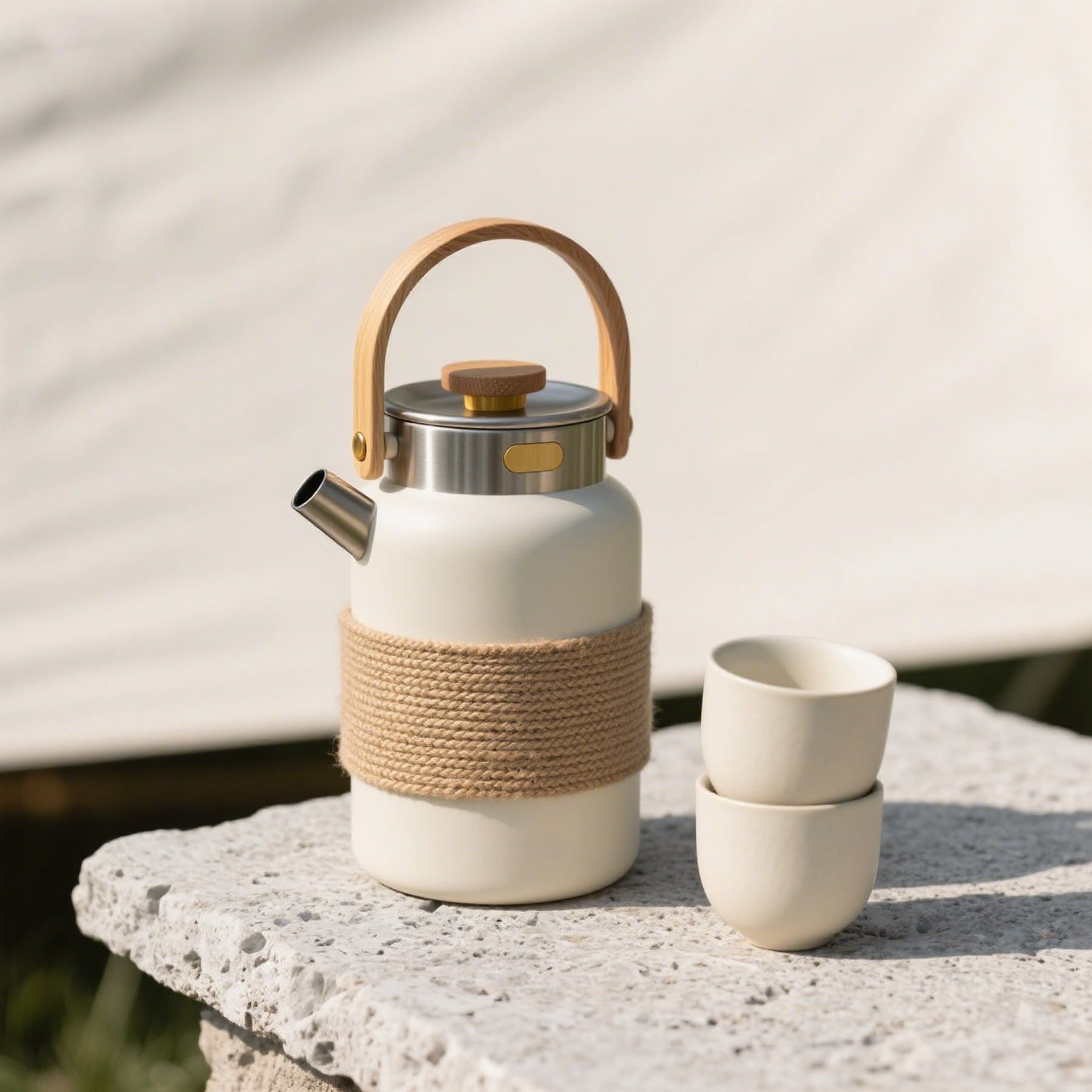 Zestaw czajniczków z izolacją ceramiczną i bambusowym uchwytem w stylu vintage