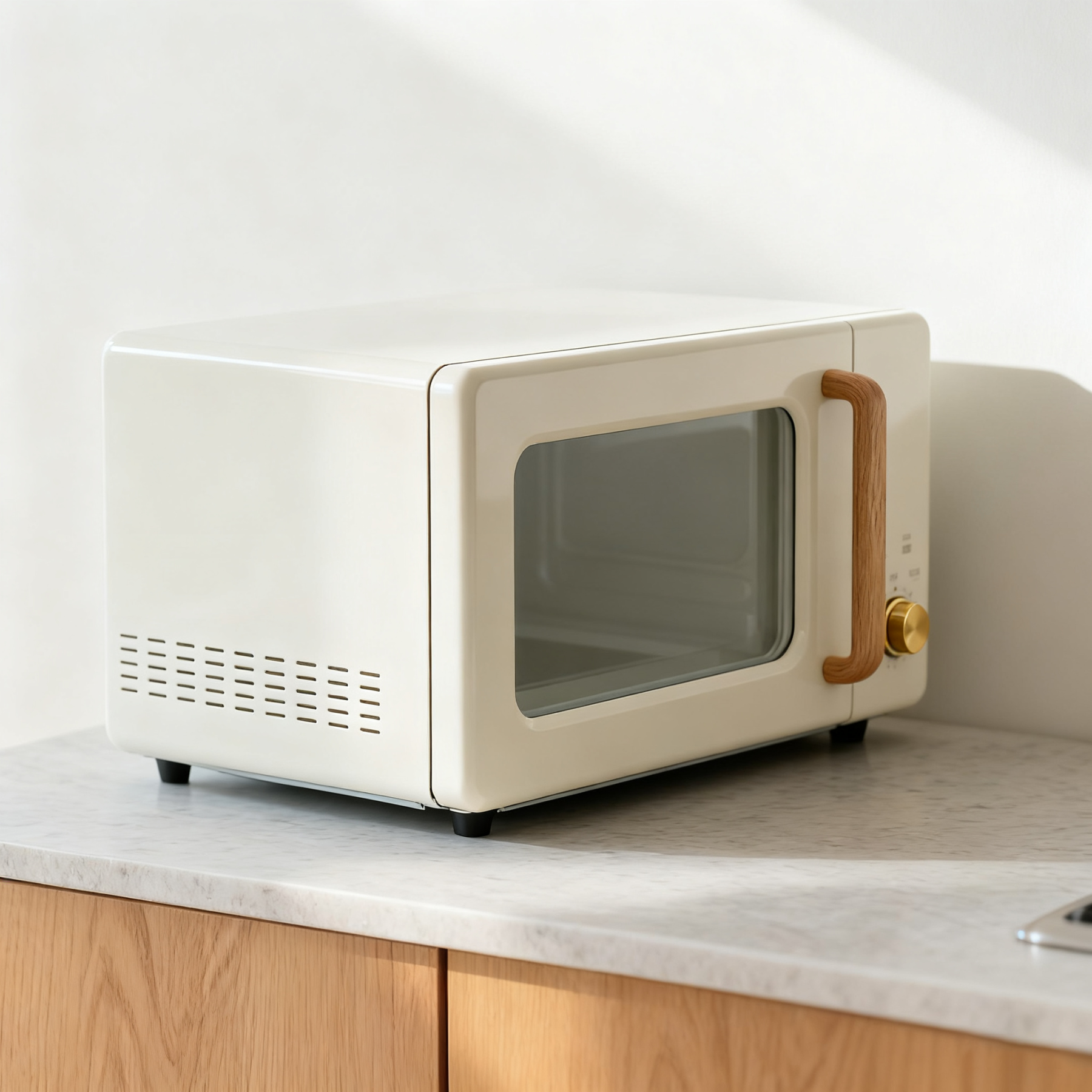 Retro kuchenka mikrofalowa z uchwytem drewnianym