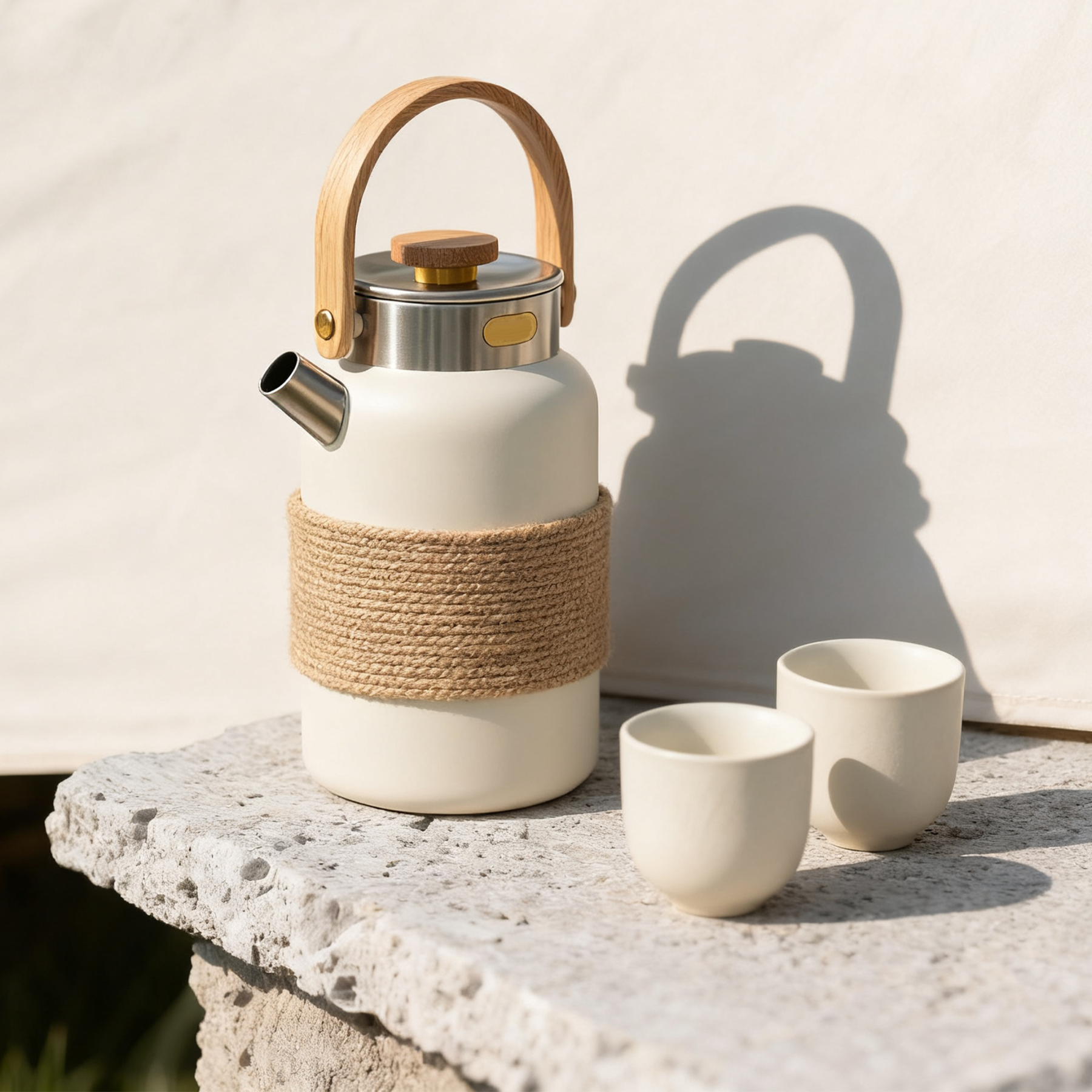 Zestaw czajniczków z izolacją ceramiczną i bambusowym uchwytem w stylu vintage