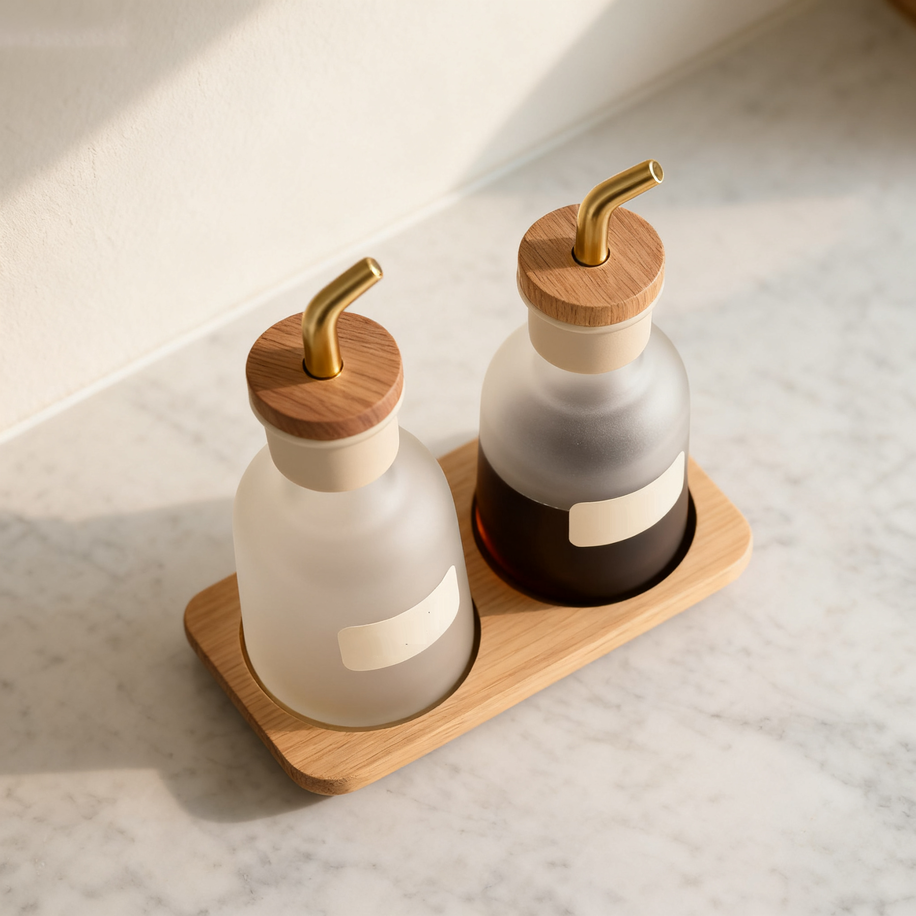 Zestaw butelek na oliwę i ocet ze szkła matowego z drewnianą pokrywką (2 komplety)