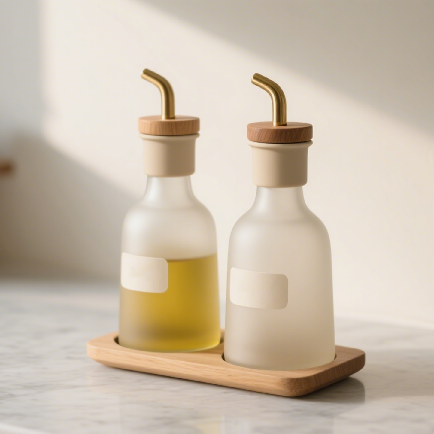 Zestaw butelek na oliwę i ocet ze szkła matowego z drewnianą pokrywką (2 komplety)