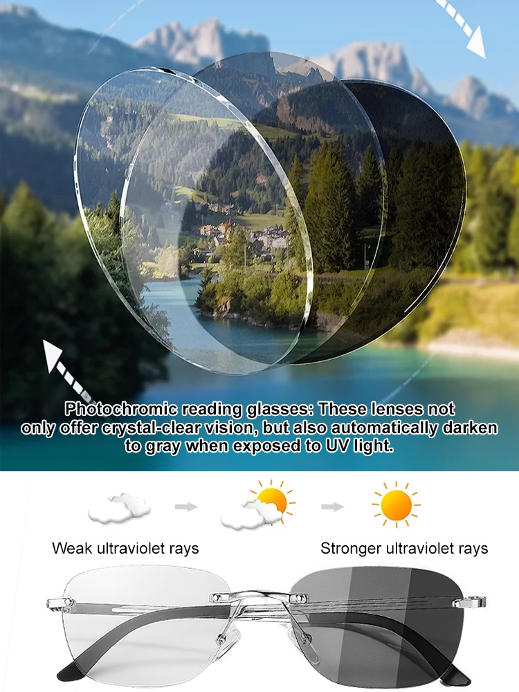 Light-sensitive colour-changing zoom rimless presbyopia glasses 【Men's and women's models】