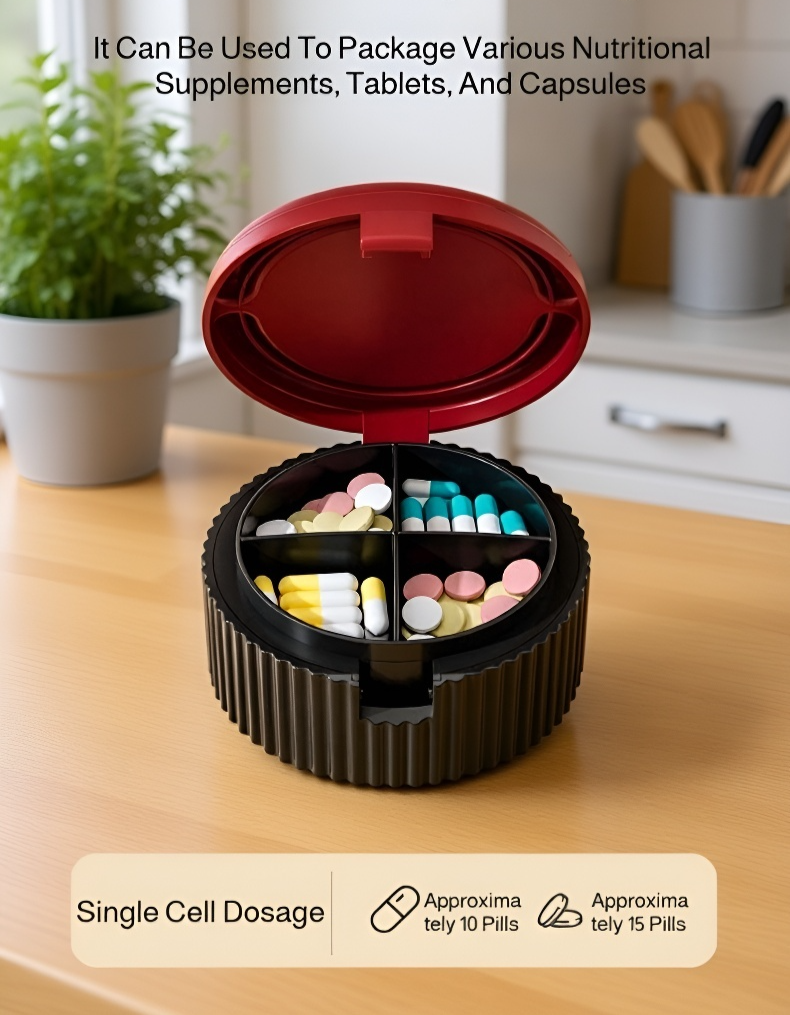 Open pill organizer showing multiple compartments