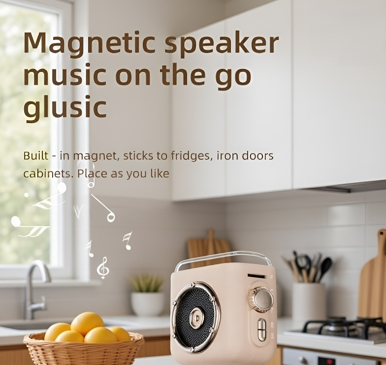 Portable vintage design speaker clipped to backpack