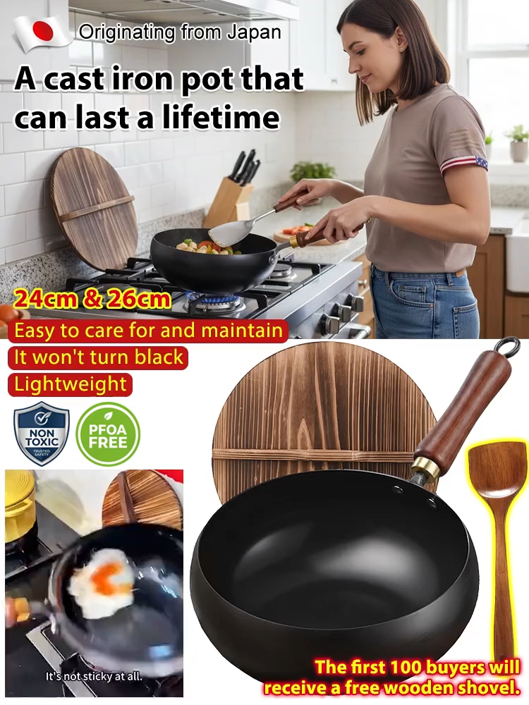 [100th Anniversary Flash Sale]Tsubame-Sanjo Masterpiece: Hand-Hammered Japanese Wok - 100% Toxin-Free & Natural Non-Stick 🇯🇵🍳80% OFF Artisan Iron Wok + FREE Rosewood Spatula & Lid