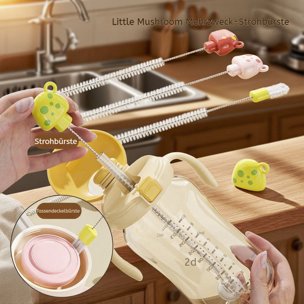  Duale Herz-Tassenbürste, Flaschen- und Strohhalmbürste, Pilzförmige Baby-Reinigungsbürste