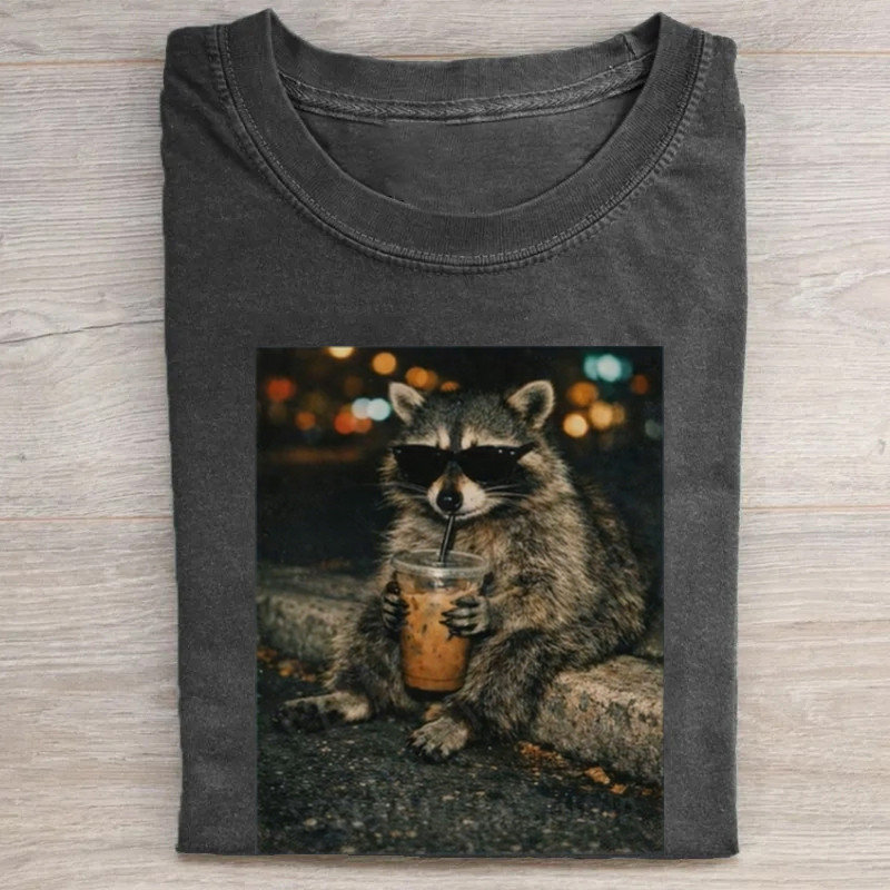 Funny Raccoon Drinking Iced Coffee T-shirt