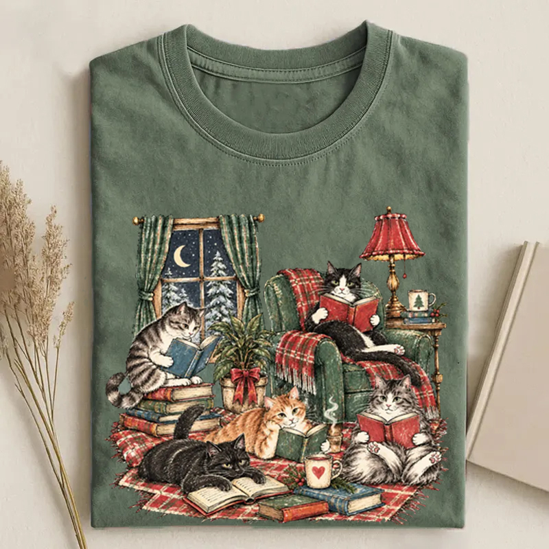 Christmas Cat Reading Books T-shirt