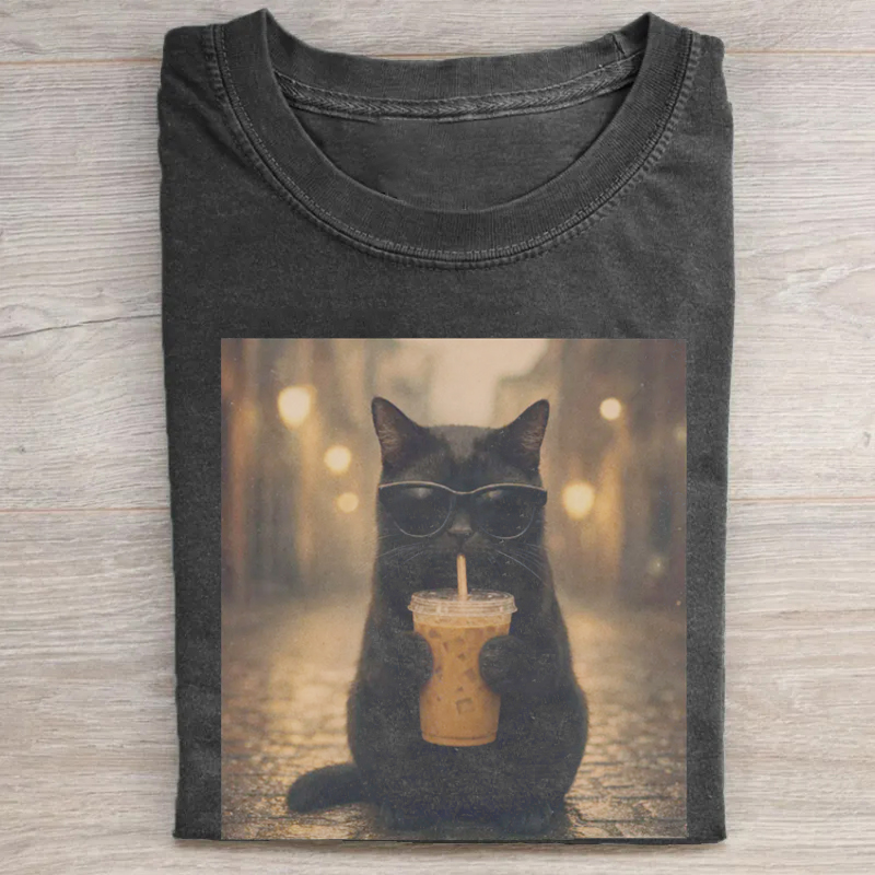 Black Cat Iced Coffee Vintage Photo T-Shirt
